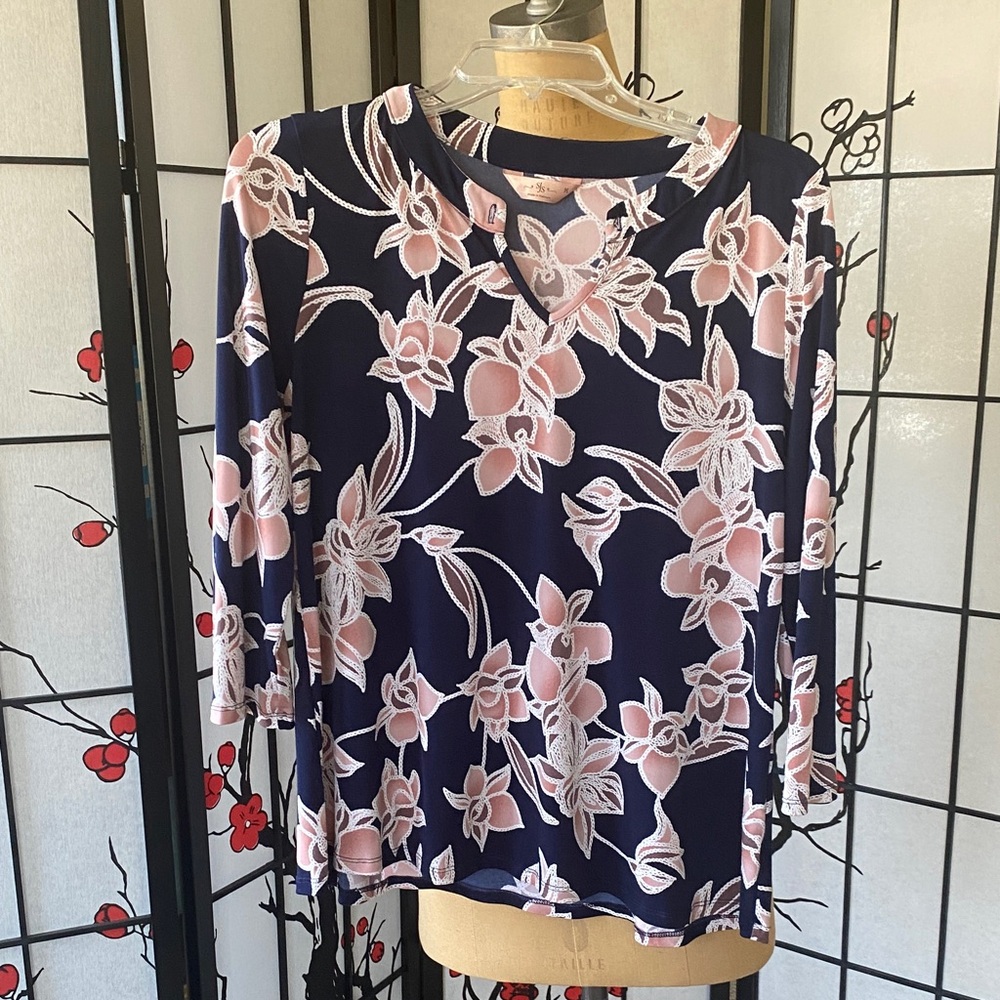 SJS Navy and Pink Floral Blouse